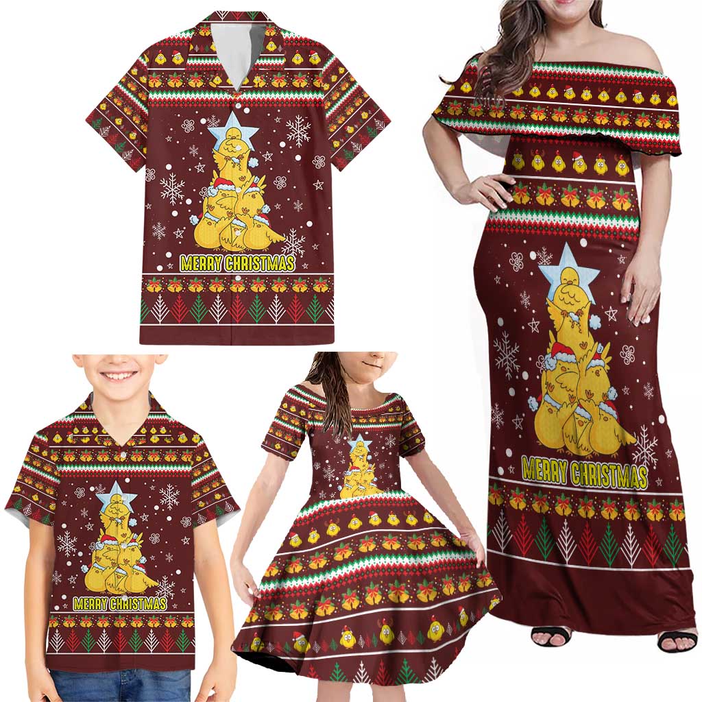 Merry Chickmas Christmas Family Matching Off Shoulder Maxi Dress and Hawaiian Shirt with Yellow Chickens Tree Design and Snowflake Pattern - Wonder Print Shop