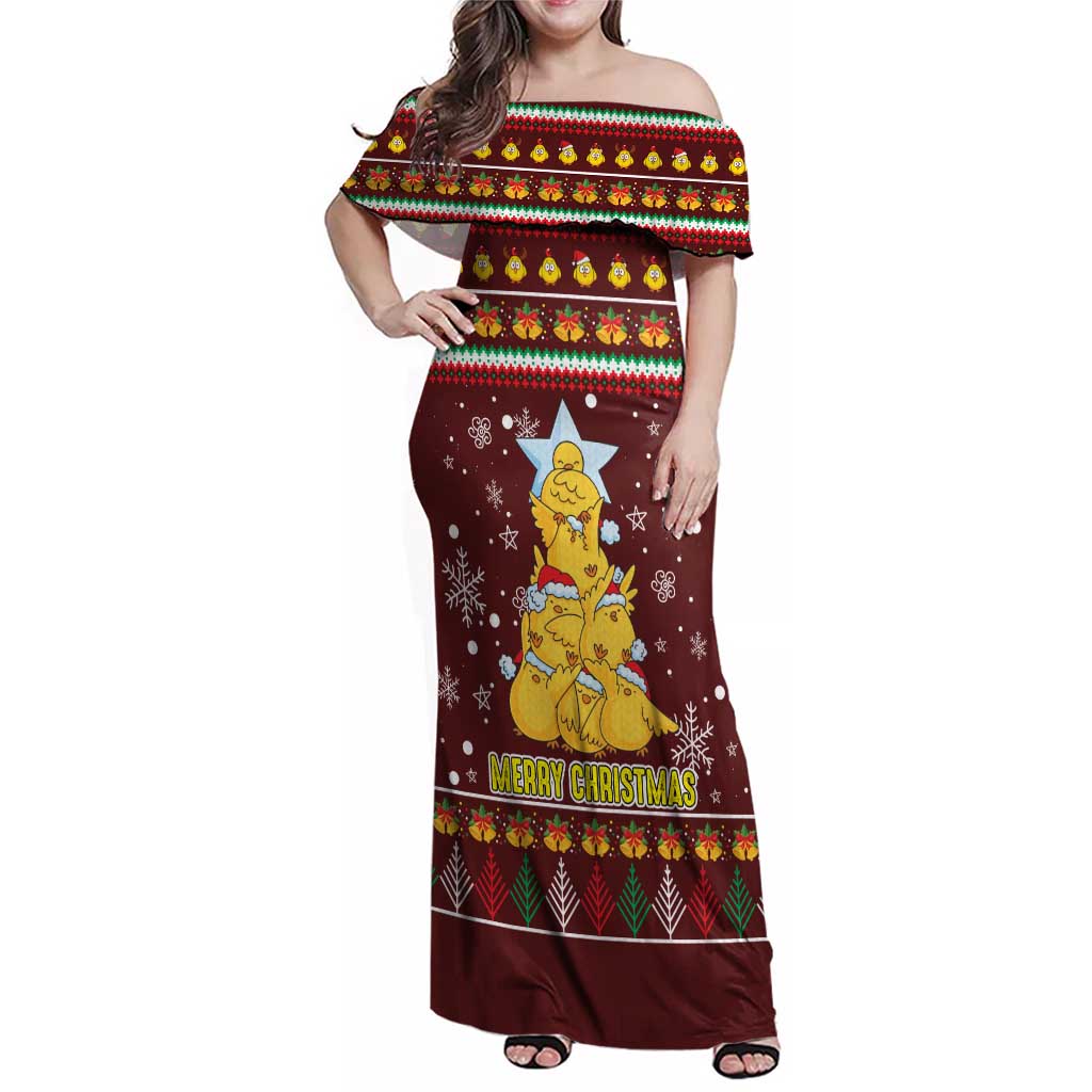 Merry Chickmas Christmas Family Matching Off Shoulder Maxi Dress and Hawaiian Shirt with Yellow Chickens Tree Design and Snowflake Pattern - Wonder Print Shop