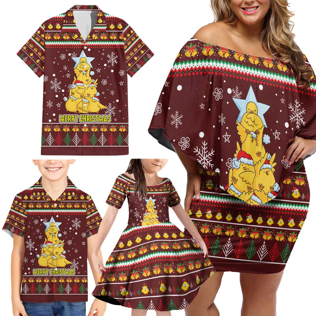 Merry Chickmas Christmas Family Matching Off Shoulder Short Dress and Hawaiian Shirt with Yellow Chickens Tree Design and Snowflake Pattern - Wonder Print Shop