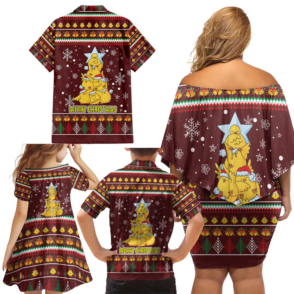 Merry Chickmas Christmas Family Matching Off Shoulder Short Dress and Hawaiian Shirt with Yellow Chickens Tree Design and Snowflake Pattern - Wonder Print Shop