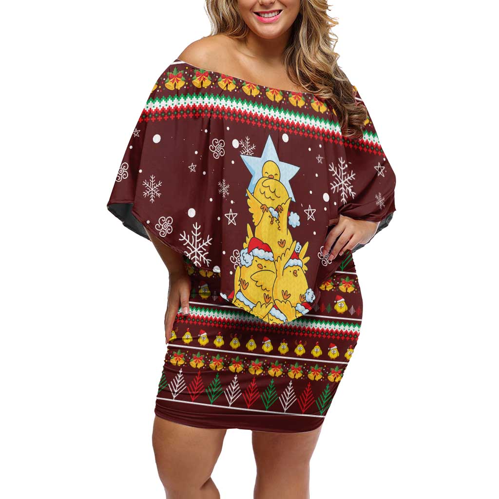Merry Chickmas Christmas Family Matching Off Shoulder Short Dress and Hawaiian Shirt with Yellow Chickens Tree Design and Snowflake Pattern - Wonder Print Shop