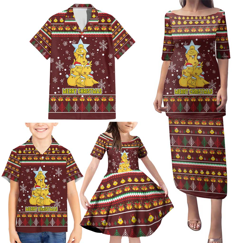 Merry Chickmas Christmas Family Matching Puletasi and Hawaiian Shirt with Yellow Chickens Tree Design and Snowflake Pattern - Wonder Print Shop