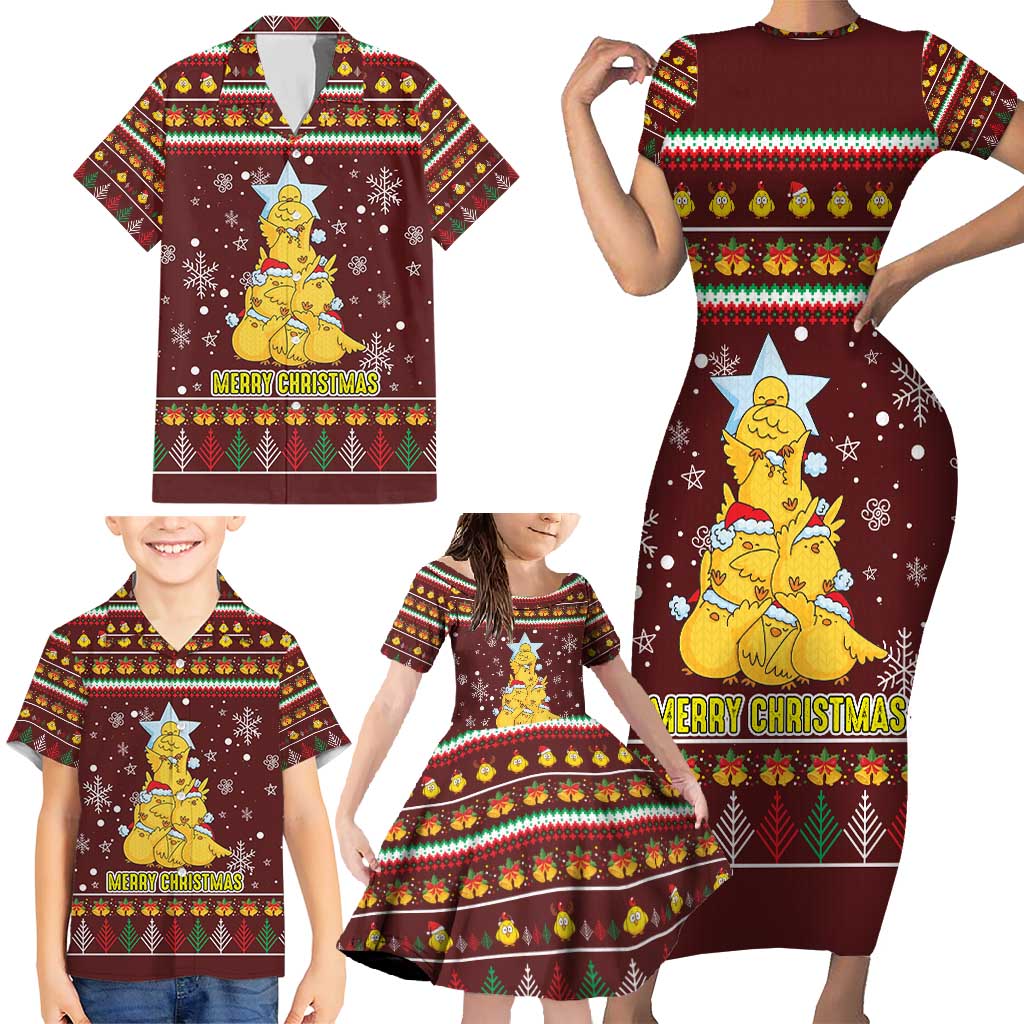 Merry Chickmas Christmas Family Matching Short Sleeve Bodycon Dress and Hawaiian Shirt with Yellow Chickens Tree Design and Snowflake Pattern - Wonder Print Shop