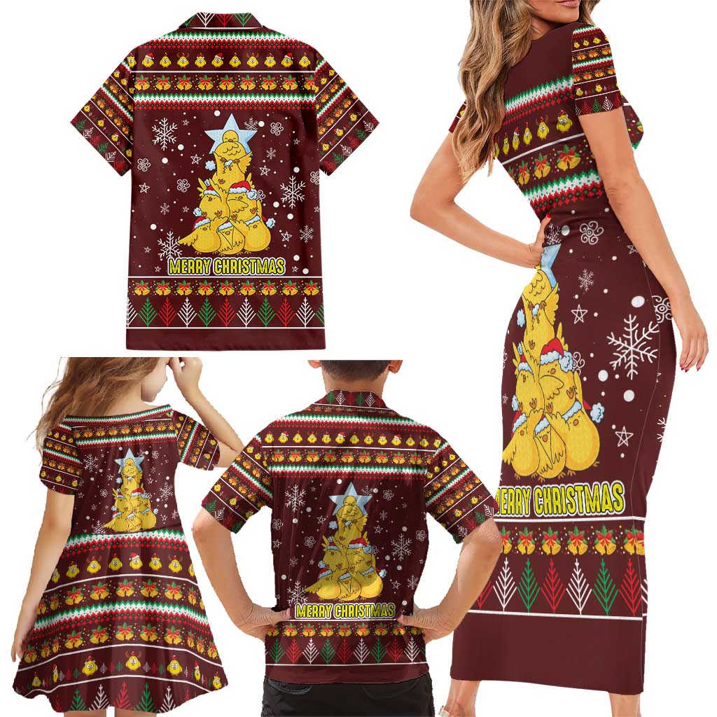 Merry Chickmas Christmas Family Matching Short Sleeve Bodycon Dress and Hawaiian Shirt with Yellow Chickens Tree Design and Snowflake Pattern - Wonder Print Shop