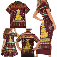 Merry Chickmas Christmas Family Matching Short Sleeve Bodycon Dress and Hawaiian Shirt with Yellow Chickens Tree Design and Snowflake Pattern - Wonder Print Shop