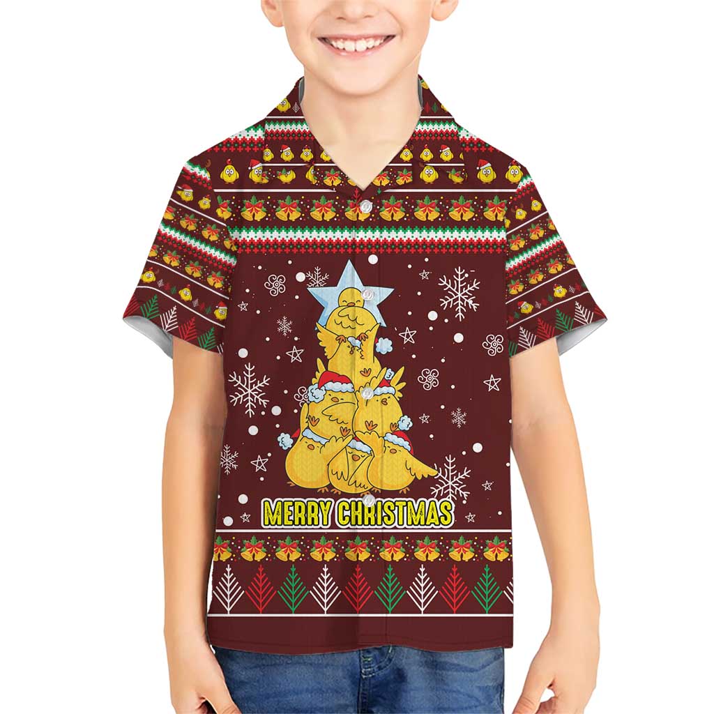 Merry Chickmas Christmas Family Matching Short Sleeve Bodycon Dress and Hawaiian Shirt with Yellow Chickens Tree Design and Snowflake Pattern - Wonder Print Shop