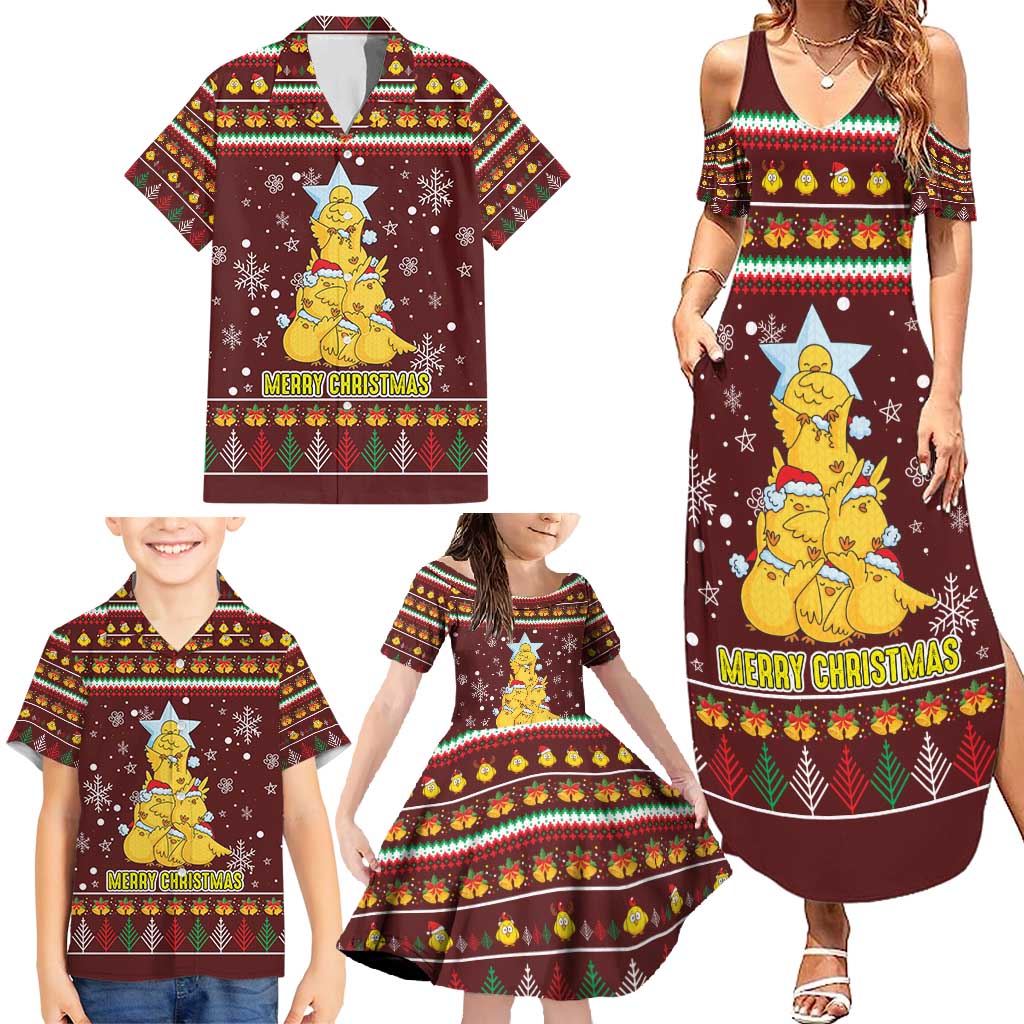 Merry Chickmas Christmas Family Matching Summer Maxi Dress and Hawaiian Shirt with Yellow Chickens Tree Design and Snowflake Pattern - Wonder Print Shop