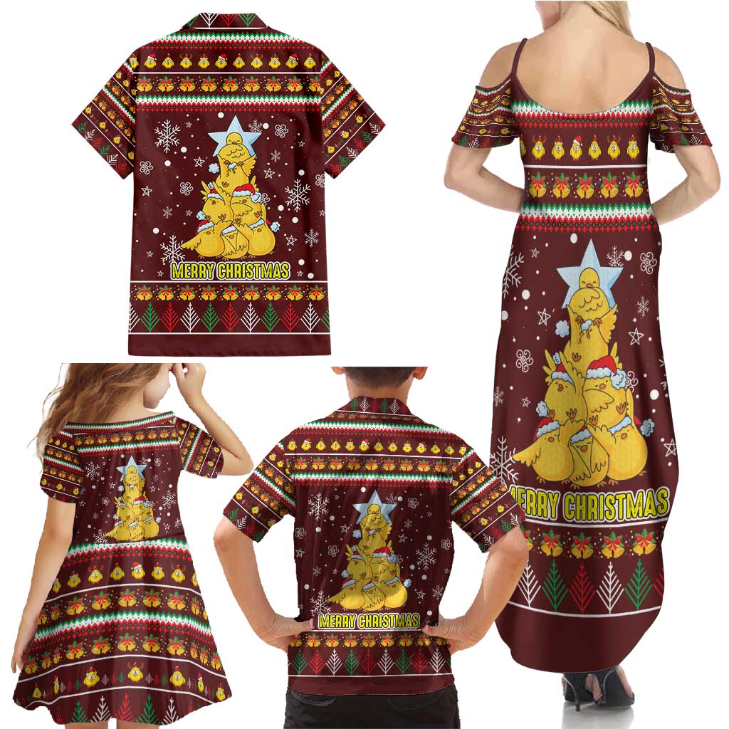 Merry Chickmas Christmas Family Matching Summer Maxi Dress and Hawaiian Shirt with Yellow Chickens Tree Design and Snowflake Pattern - Wonder Print Shop