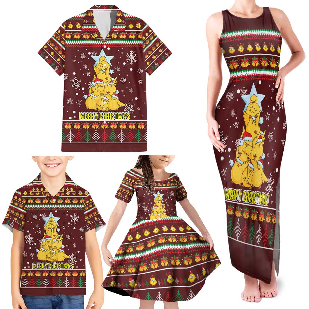 Merry Chickmas Christmas Family Matching Tank Maxi Dress and Hawaiian Shirt with Yellow Chickens Tree Design and Snowflake Pattern - Wonder Print Shop