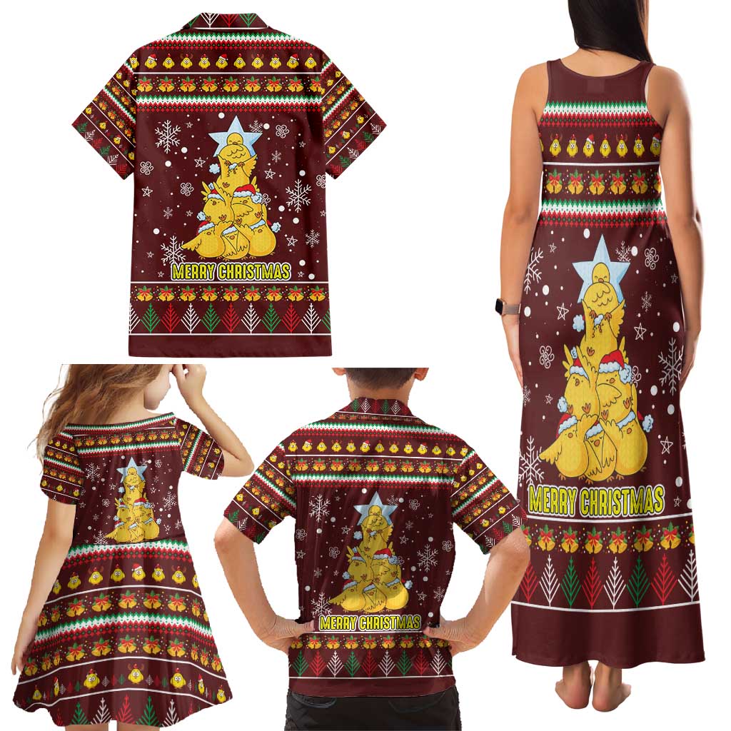 Merry Chickmas Christmas Family Matching Tank Maxi Dress and Hawaiian Shirt with Yellow Chickens Tree Design and Snowflake Pattern - Wonder Print Shop