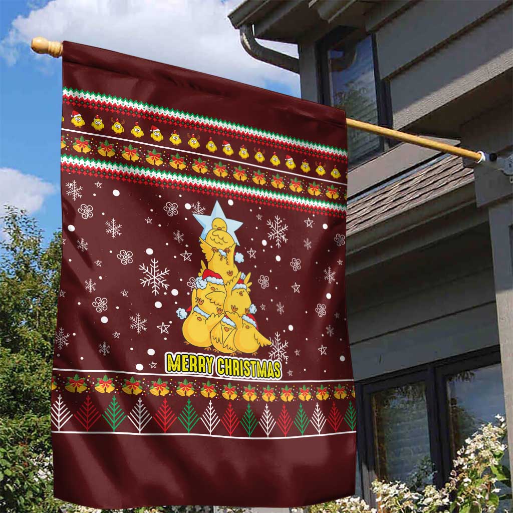 Merry Chickmas Christmas Garden Flag with Yellow Chickens Tree Design and Snowflake Pattern - Wonder Print Shop