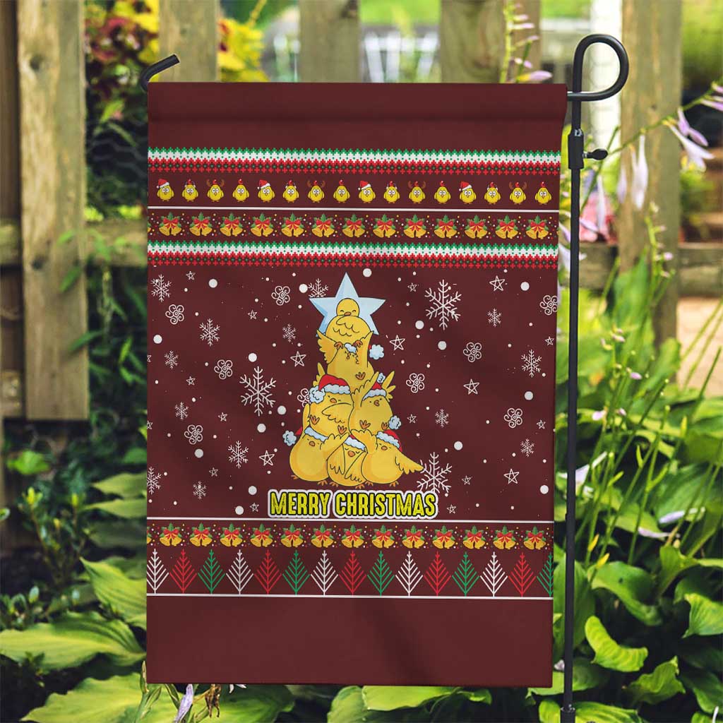 Merry Chickmas Christmas Garden Flag with Yellow Chickens Tree Design and Snowflake Pattern - Wonder Print Shop