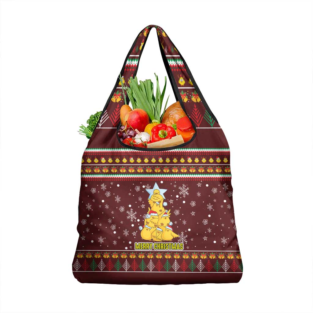 Merry Chickmas Christmas Grocery Bag with Yellow Chickens Tree Design and Snowflake Pattern - Wonder Print Shop