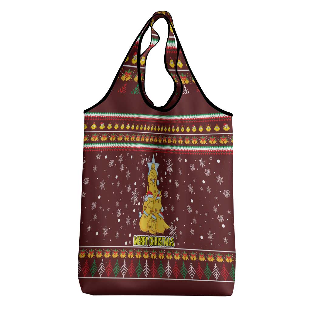 Merry Chickmas Christmas Grocery Bag with Yellow Chickens Tree Design and Snowflake Pattern - Wonder Print Shop