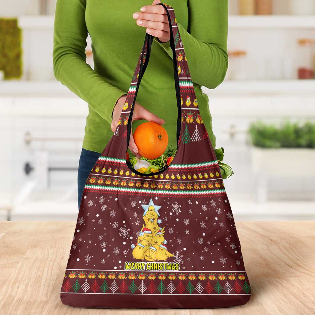 Merry Chickmas Christmas Grocery Bag with Yellow Chickens Tree Design and Snowflake Pattern - Wonder Print Shop
