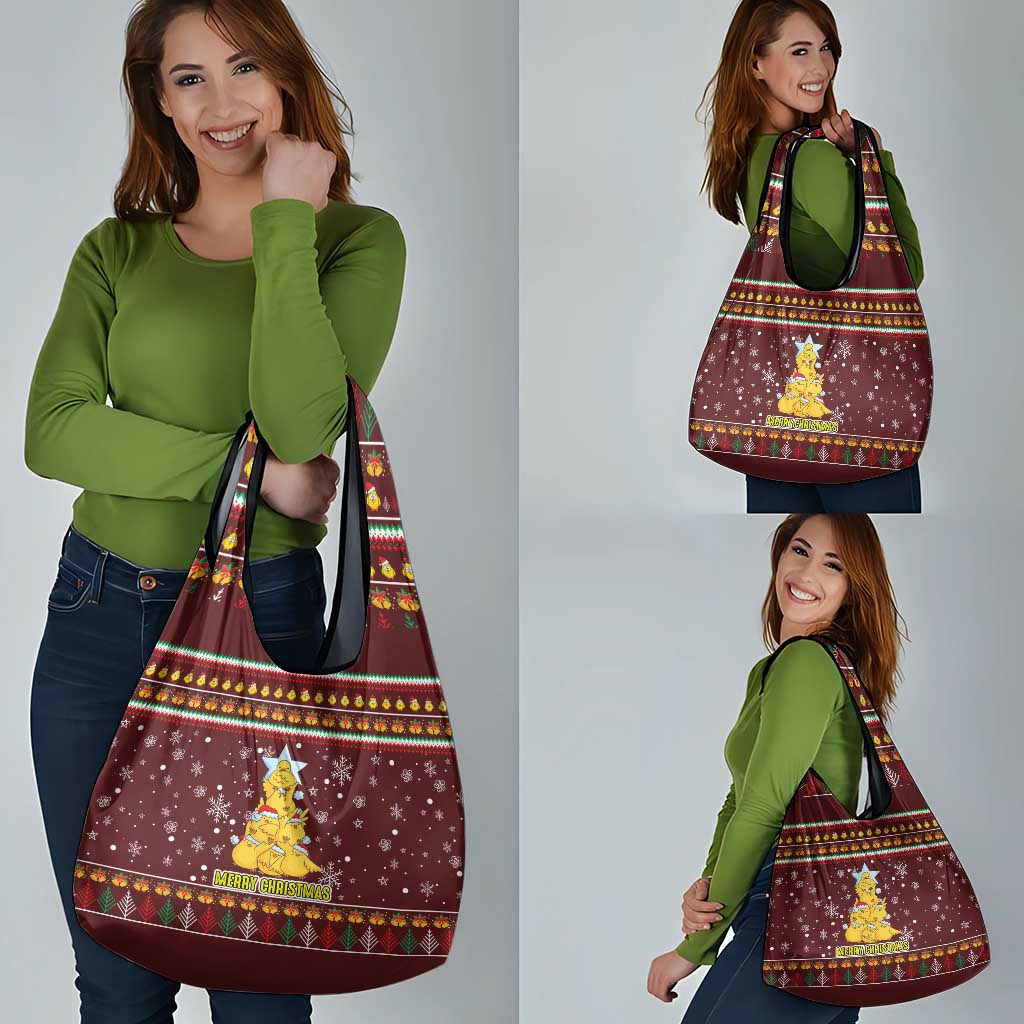Merry Chickmas Christmas Grocery Bag with Yellow Chickens Tree Design and Snowflake Pattern - Wonder Print Shop
