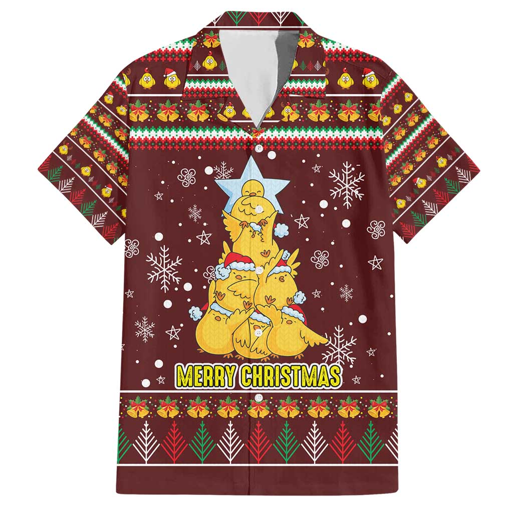 Merry Chickmas Christmas Hawaiian Shirt with Yellow Chickens Tree Design and Snowflake Pattern - Wonder Print Shop