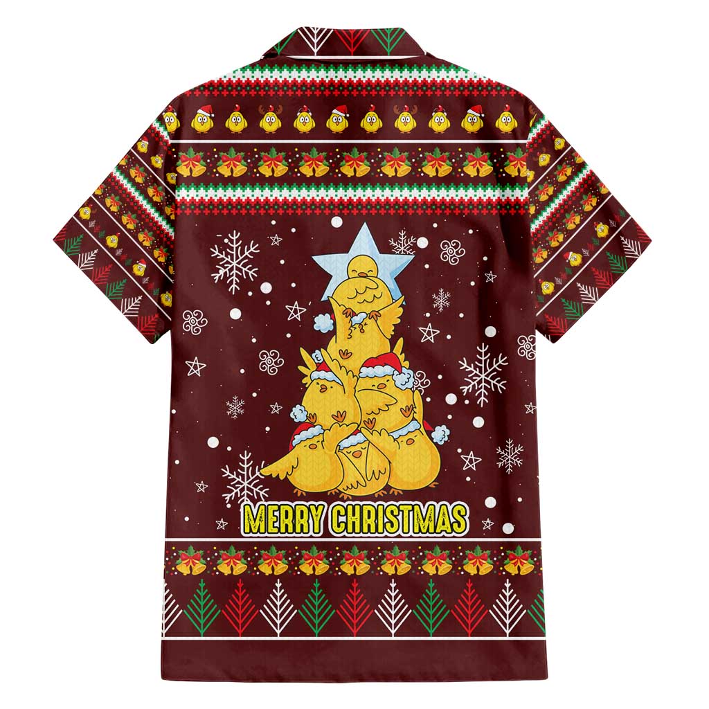 Merry Chickmas Christmas Hawaiian Shirt with Yellow Chickens Tree Design and Snowflake Pattern - Wonder Print Shop