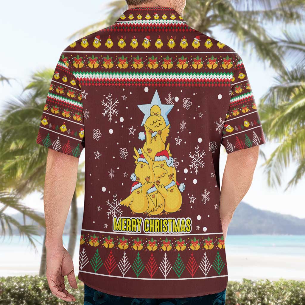 Merry Chickmas Christmas Hawaiian Shirt with Yellow Chickens Tree Design and Snowflake Pattern - Wonder Print Shop