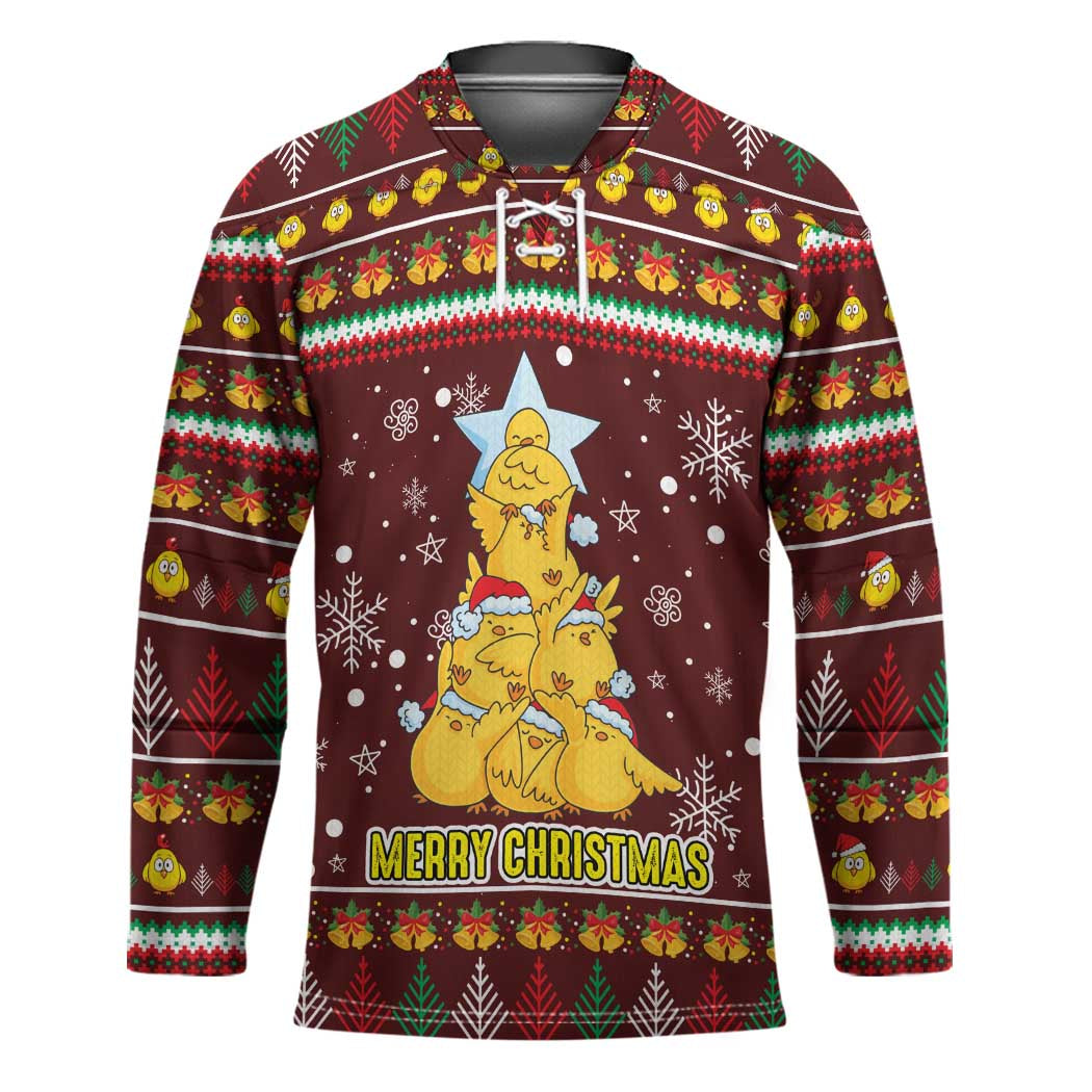 Merry Chickmas Christmas Hockey Jersey with Yellow Chickens Tree Design and Snowflake Pattern - Wonder Print Shop