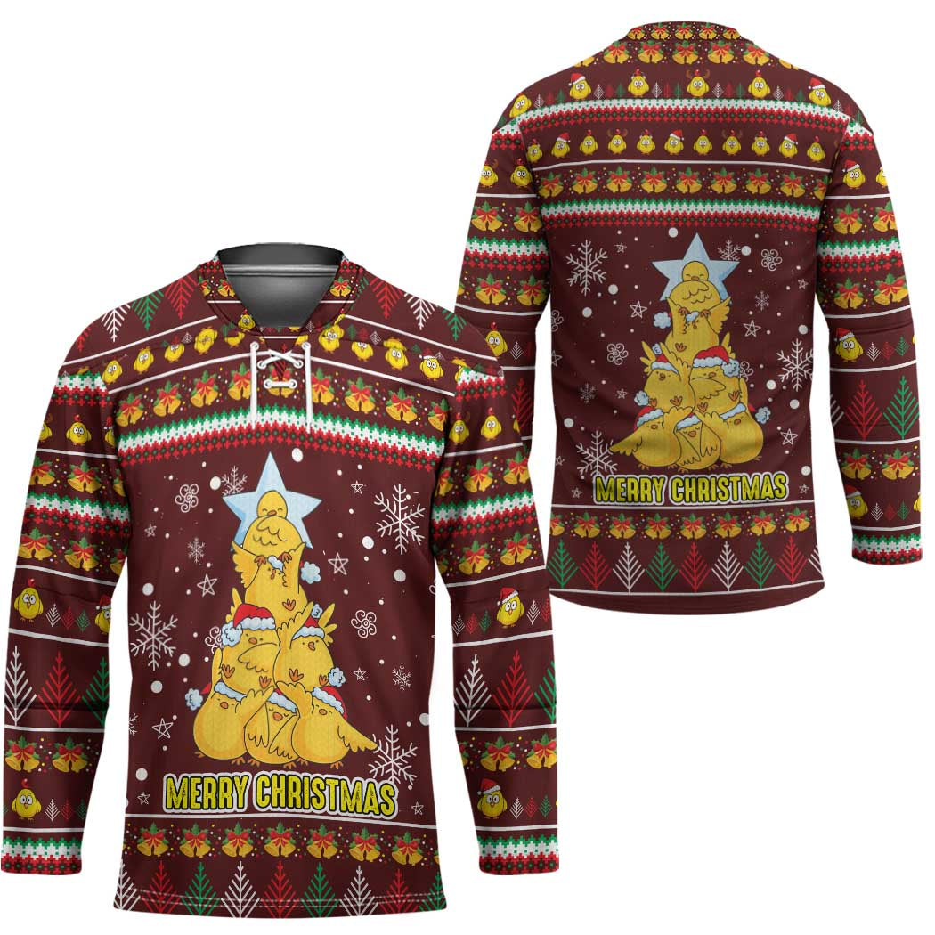 Merry Chickmas Christmas Hockey Jersey with Yellow Chickens Tree Design and Snowflake Pattern - Wonder Print Shop