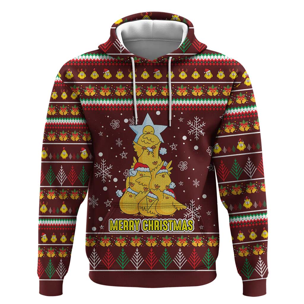 Merry Chickmas Christmas Hoodie with Yellow Chickens Tree Design and Snowflake Pattern - Wonder Print Shop