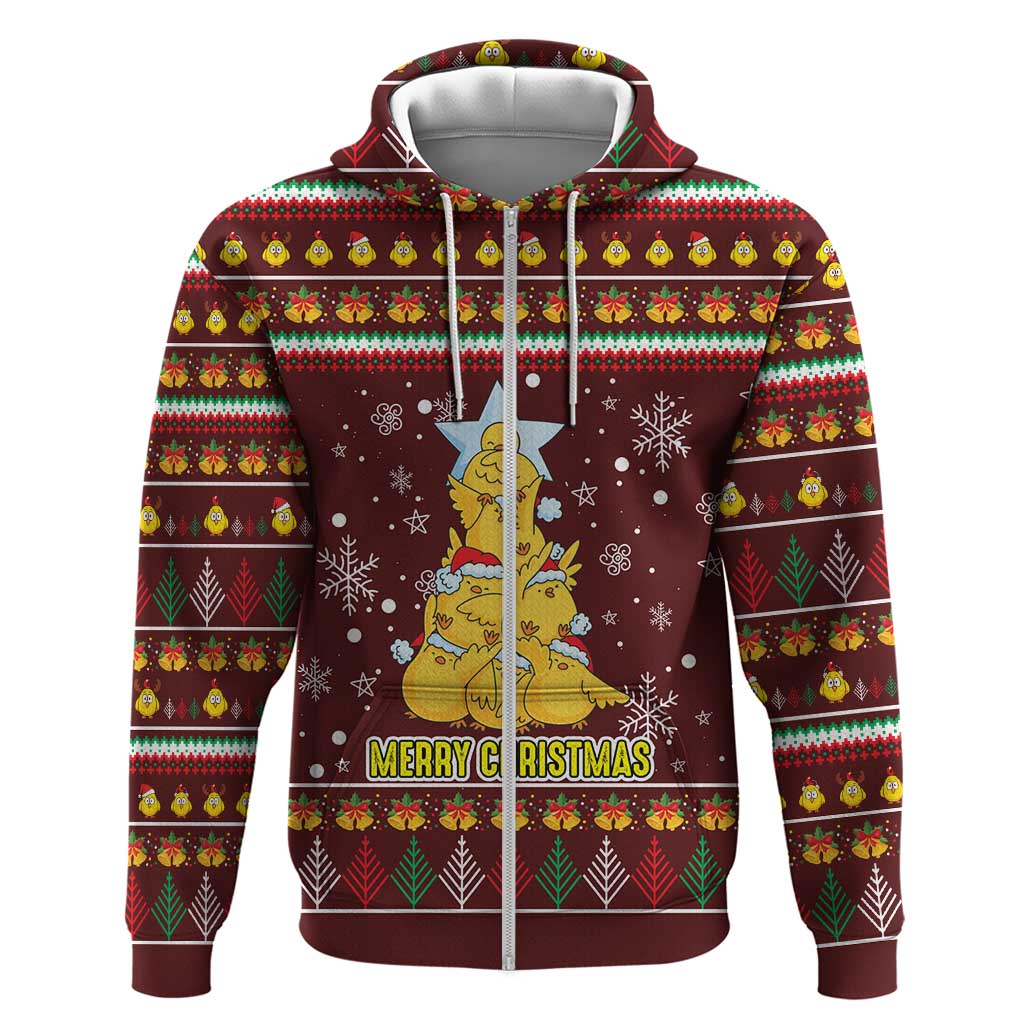 Merry Chickmas Christmas Hoodie with Yellow Chickens Tree Design and Snowflake Pattern - Wonder Print Shop