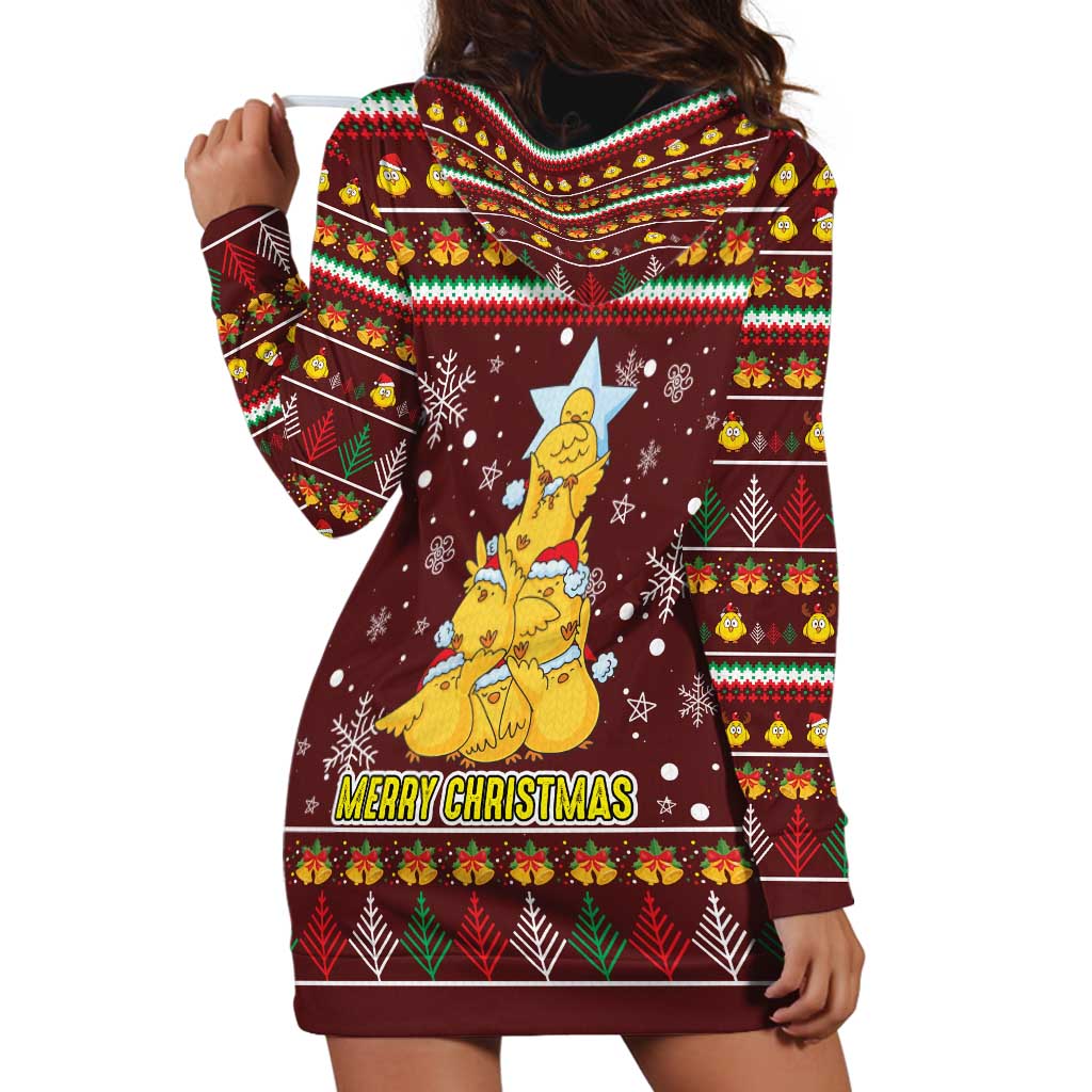 Merry Chickmas Christmas Hoodie Dress with Yellow Chickens Tree Design and Snowflake Pattern - Wonder Print Shop