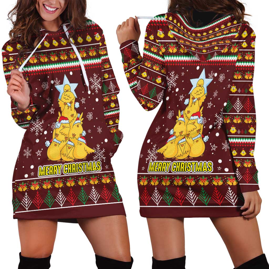 Merry Chickmas Christmas Hoodie Dress with Yellow Chickens Tree Design and Snowflake Pattern - Wonder Print Shop