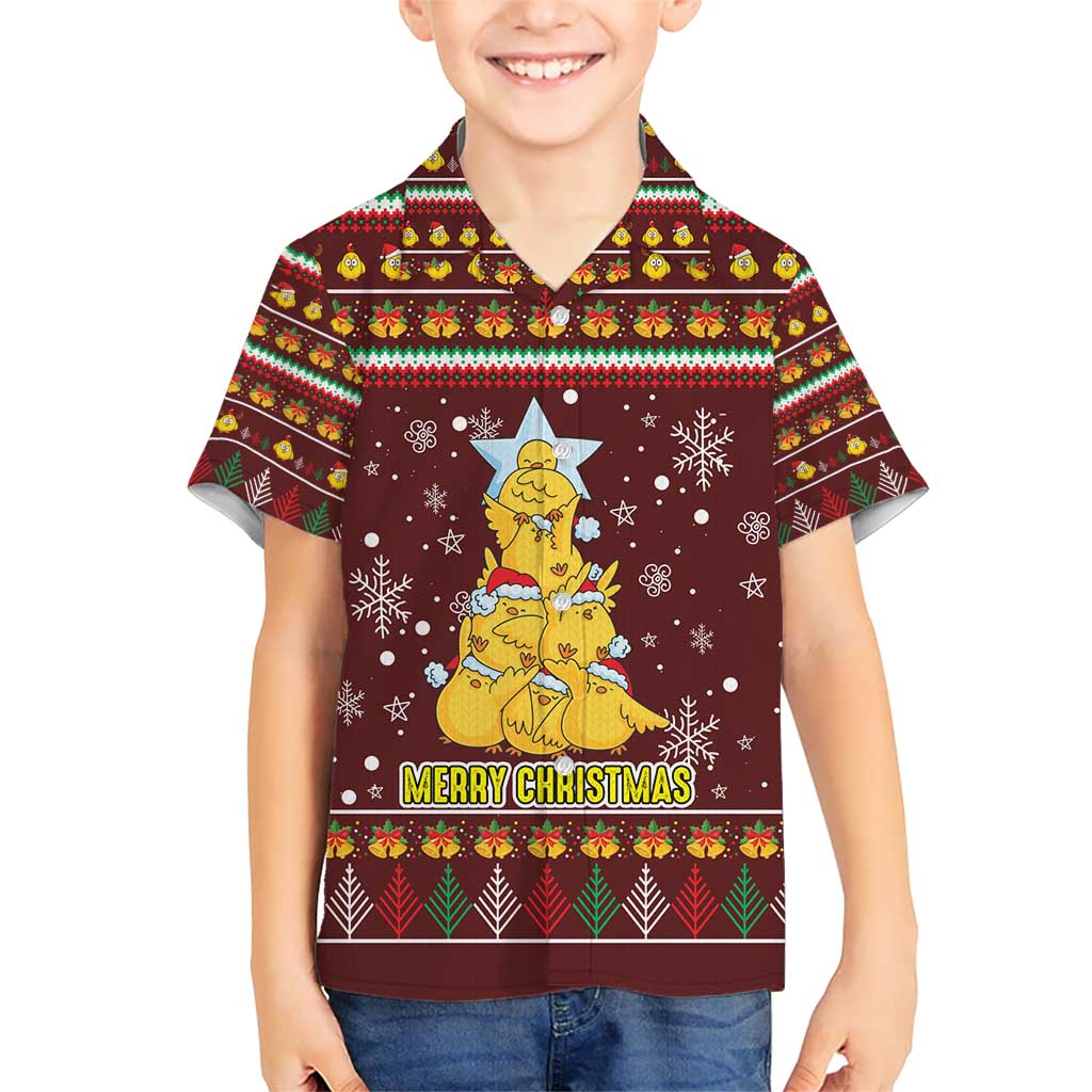 Merry Chickmas Christmas Kid Hawaiian Shirt with Yellow Chickens Tree Design and Snowflake Pattern - Wonder Print Shop