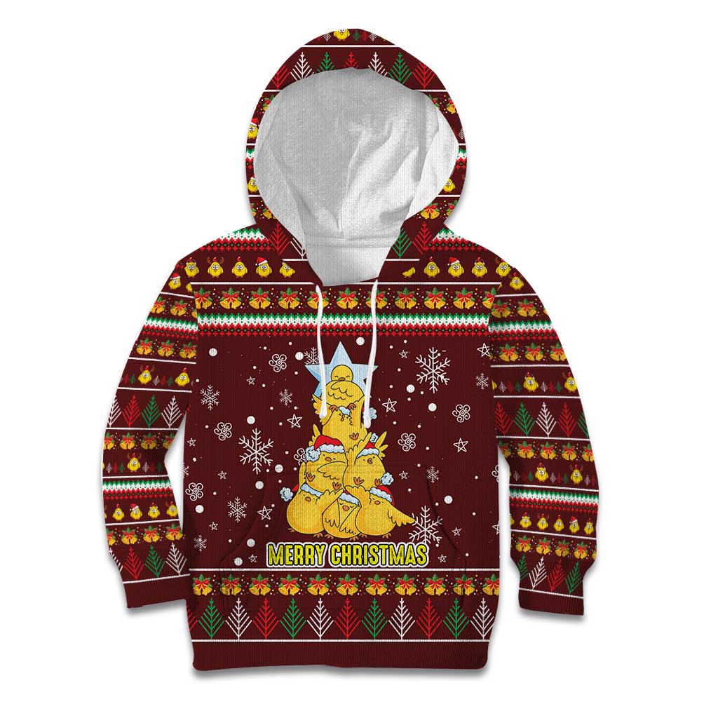 Merry Chickmas Christmas Kid Hoodie with Yellow Chickens Tree Design and Snowflake Pattern - Wonder Print Shop