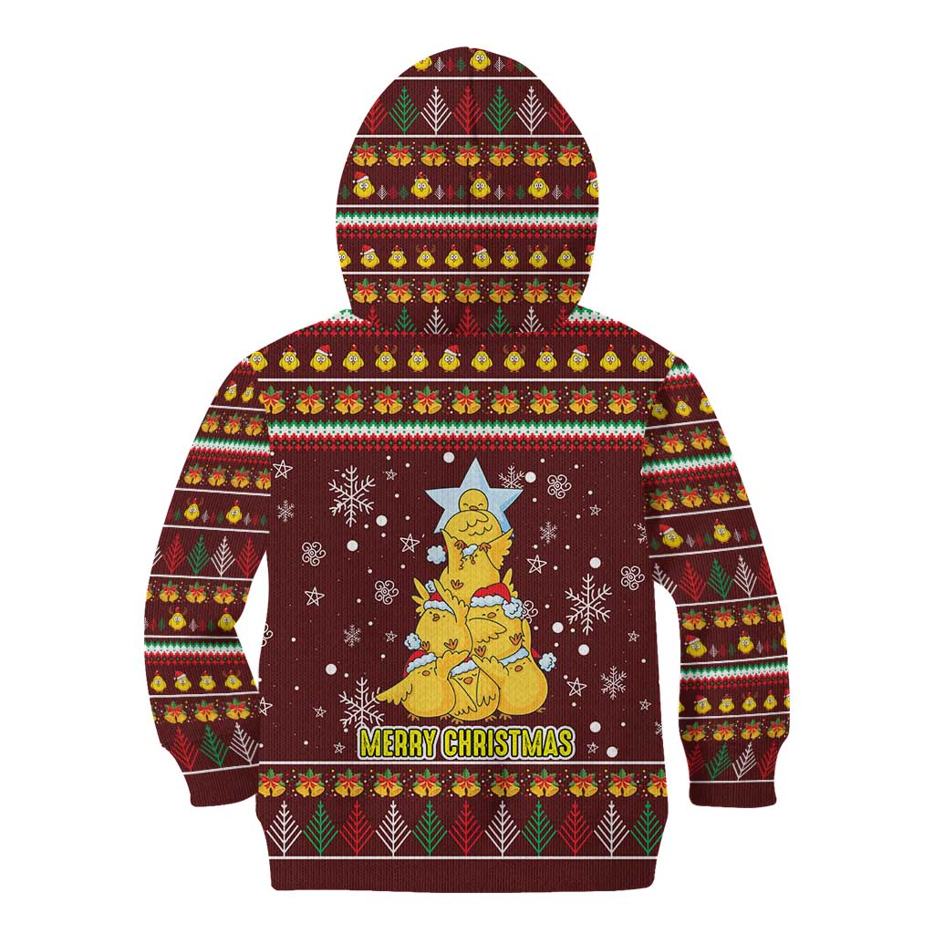 Merry Chickmas Christmas Kid Hoodie with Yellow Chickens Tree Design and Snowflake Pattern - Wonder Print Shop