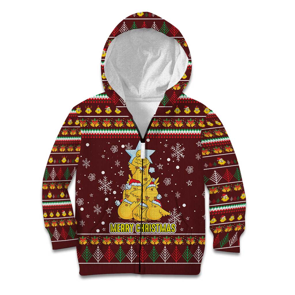 Merry Chickmas Christmas Kid Hoodie with Yellow Chickens Tree Design and Snowflake Pattern - Wonder Print Shop