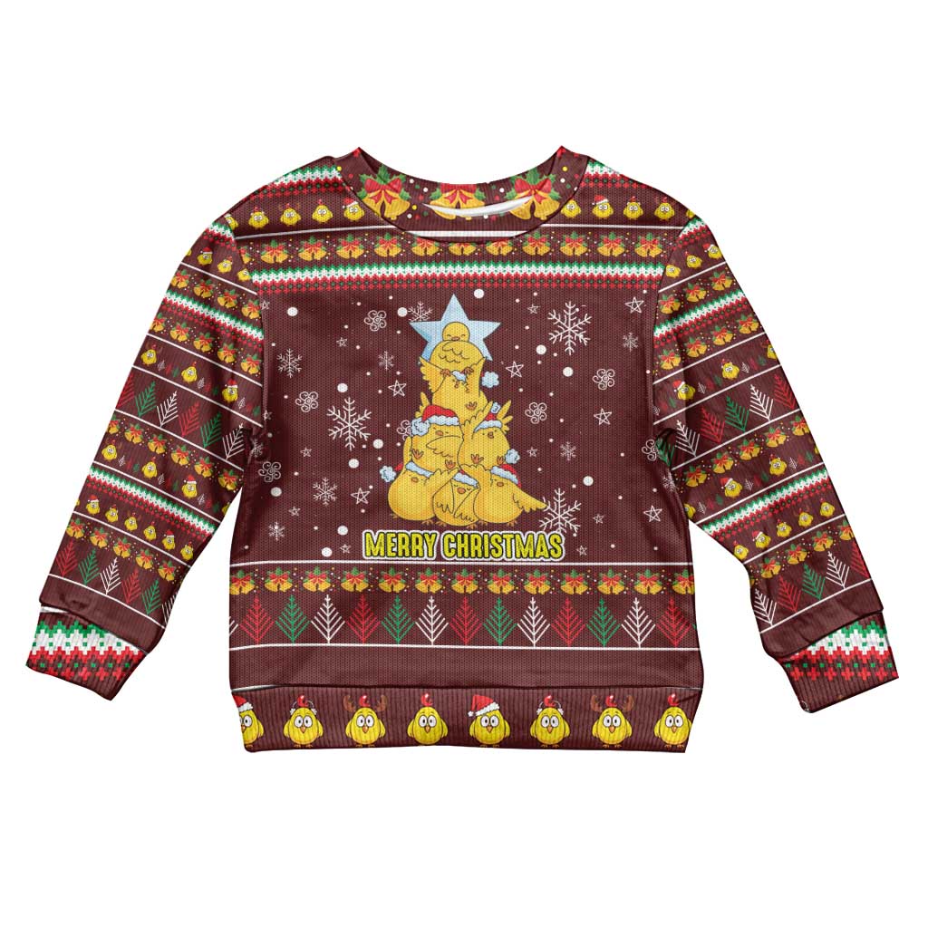 Merry Chickmas Christmas Kid Ugly Christmas Sweater with Yellow Chickens Tree Design and Snowflake Pattern - Wonder Print Shop