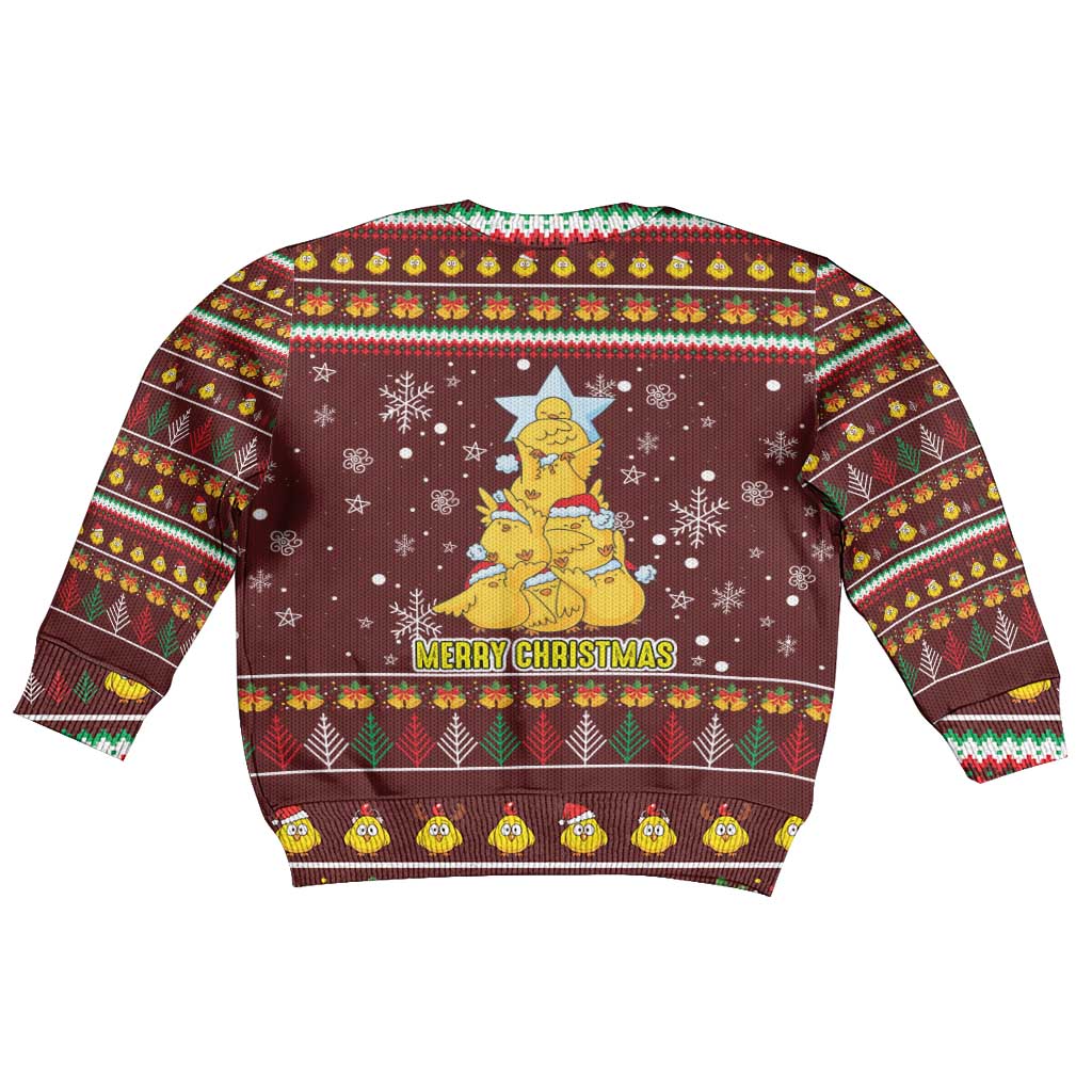 Merry Chickmas Christmas Kid Ugly Christmas Sweater with Yellow Chickens Tree Design and Snowflake Pattern - Wonder Print Shop