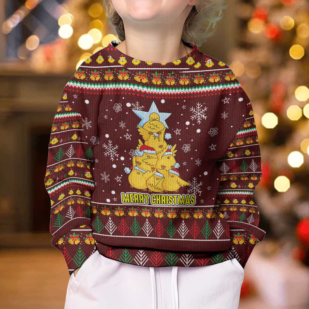 Merry Chickmas Christmas Kid Ugly Christmas Sweater with Yellow Chickens Tree Design and Snowflake Pattern - Wonder Print Shop
