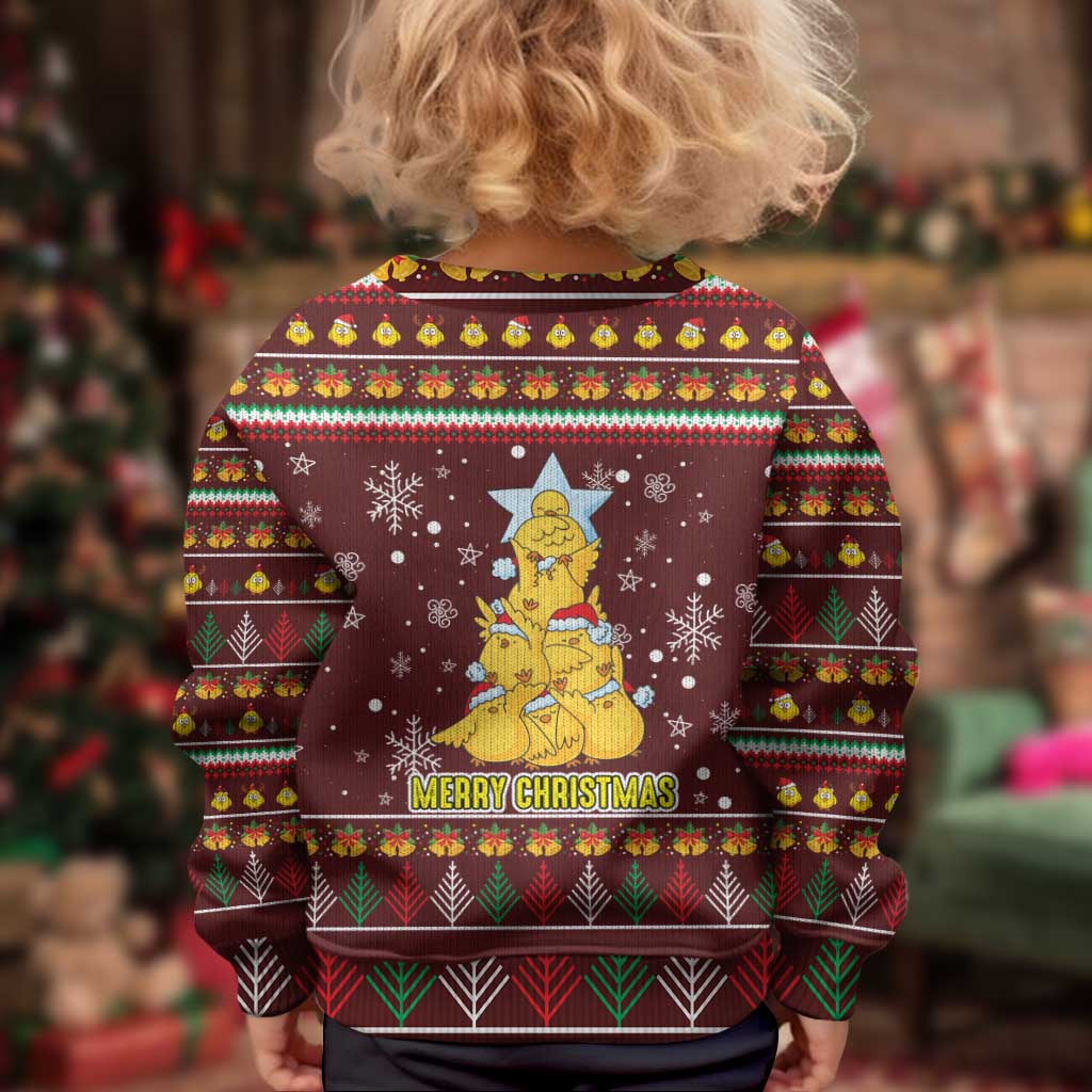 Merry Chickmas Christmas Kid Ugly Christmas Sweater with Yellow Chickens Tree Design and Snowflake Pattern - Wonder Print Shop