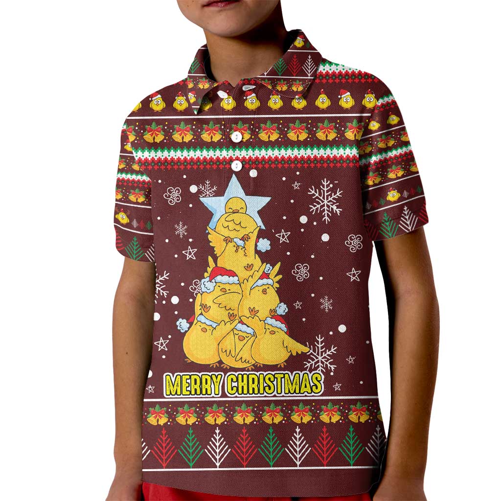 Merry Chickmas Christmas Kid Polo Shirt with Yellow Chickens Tree Design and Snowflake Pattern - Wonder Print Shop