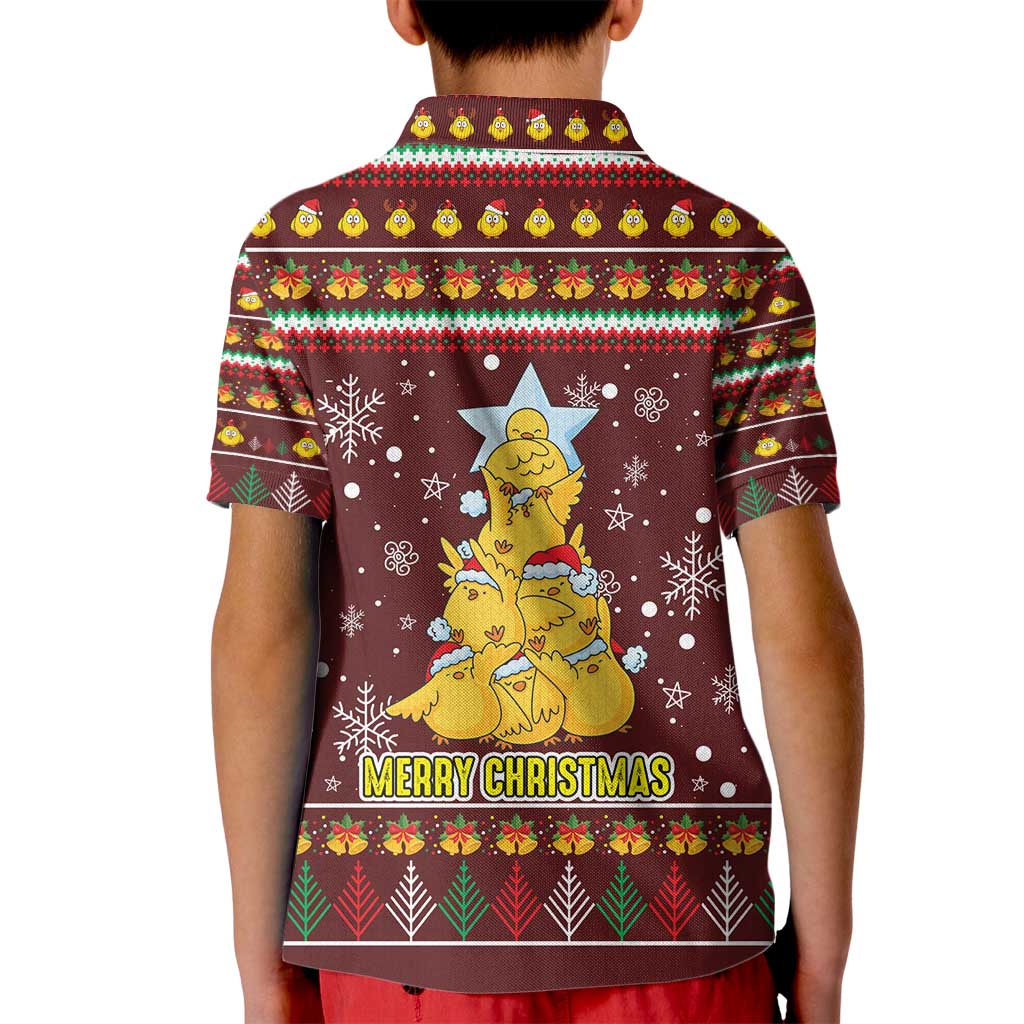 Merry Chickmas Christmas Kid Polo Shirt with Yellow Chickens Tree Design and Snowflake Pattern - Wonder Print Shop