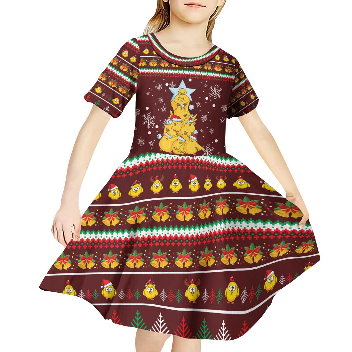 Merry Chickmas Christmas Kid Short Sleeve Dress with Yellow Chickens Tree Design and Snowflake Pattern - Wonder Print Shop