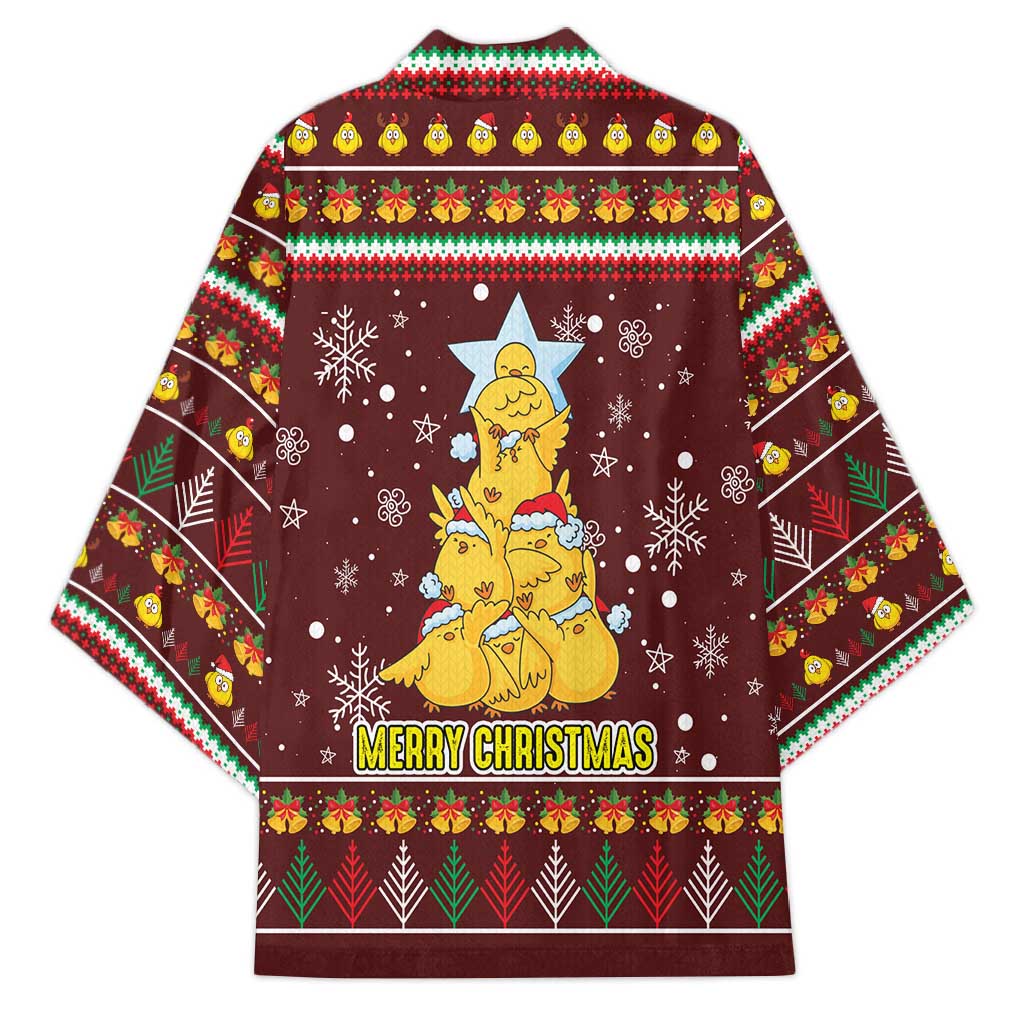 Merry Chickmas Christmas Kimono with Yellow Chickens Tree Design and Snowflake Pattern - Wonder Print Shop