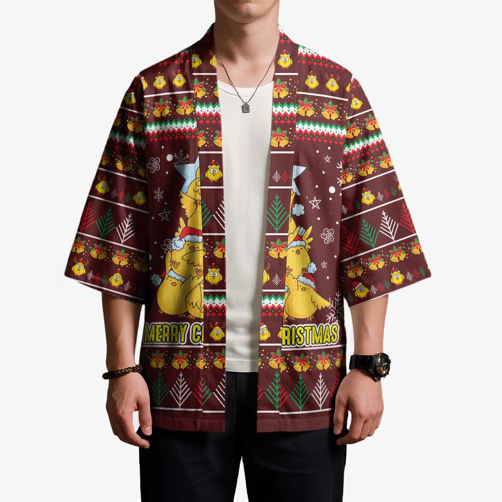 Merry Chickmas Christmas Kimono with Yellow Chickens Tree Design and Snowflake Pattern - Wonder Print Shop