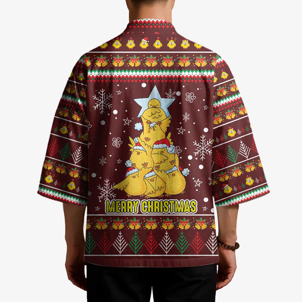 Merry Chickmas Christmas Kimono with Yellow Chickens Tree Design and Snowflake Pattern - Wonder Print Shop