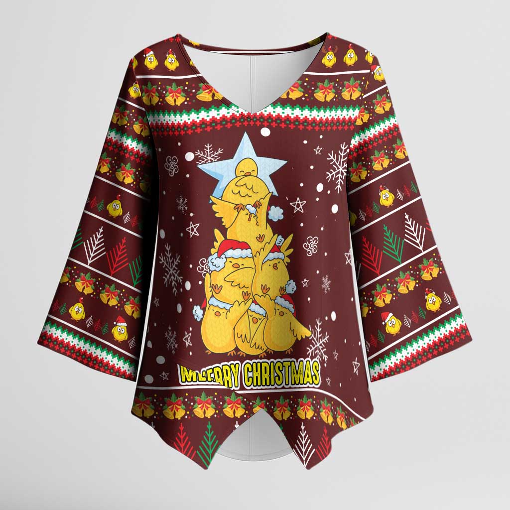Merry Chickmas Christmas Kimono Sleeve Blouse with Yellow Chickens Tree Design and Snowflake Pattern - Wonder Print Shop