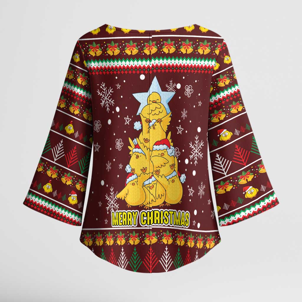 Merry Chickmas Christmas Kimono Sleeve Blouse with Yellow Chickens Tree Design and Snowflake Pattern - Wonder Print Shop