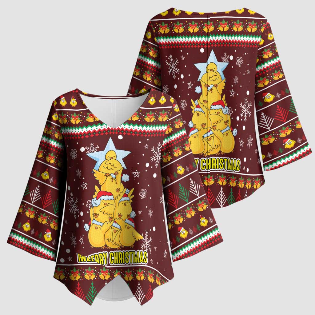 Merry Chickmas Christmas Kimono Sleeve Blouse with Yellow Chickens Tree Design and Snowflake Pattern - Wonder Print Shop