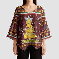 Merry Chickmas Christmas Kimono Sleeve Blouse with Yellow Chickens Tree Design and Snowflake Pattern - Wonder Print Shop