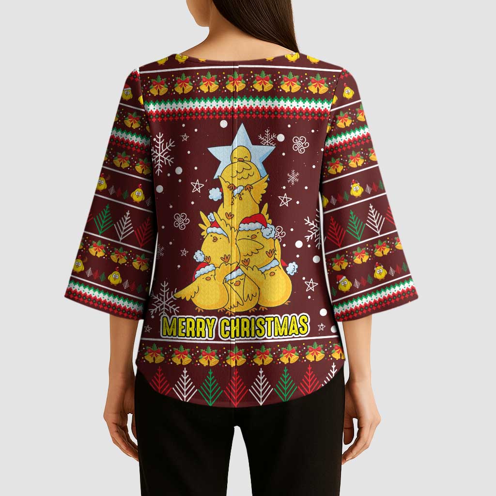Merry Chickmas Christmas Kimono Sleeve Blouse with Yellow Chickens Tree Design and Snowflake Pattern - Wonder Print Shop