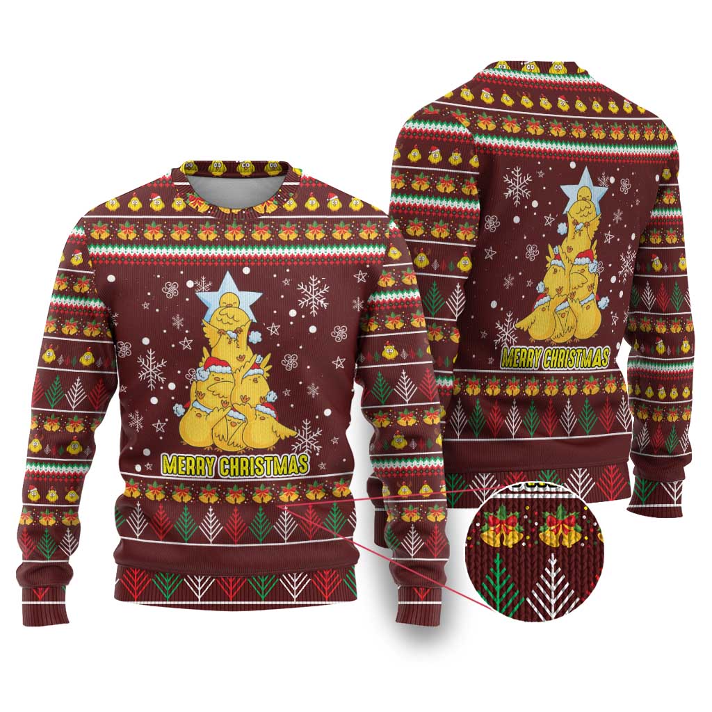 Merry Chickmas Christmas Ugly Christmas Sweater with Yellow Chickens Tree Design and Snowflake Pattern - Wonder Print Shop