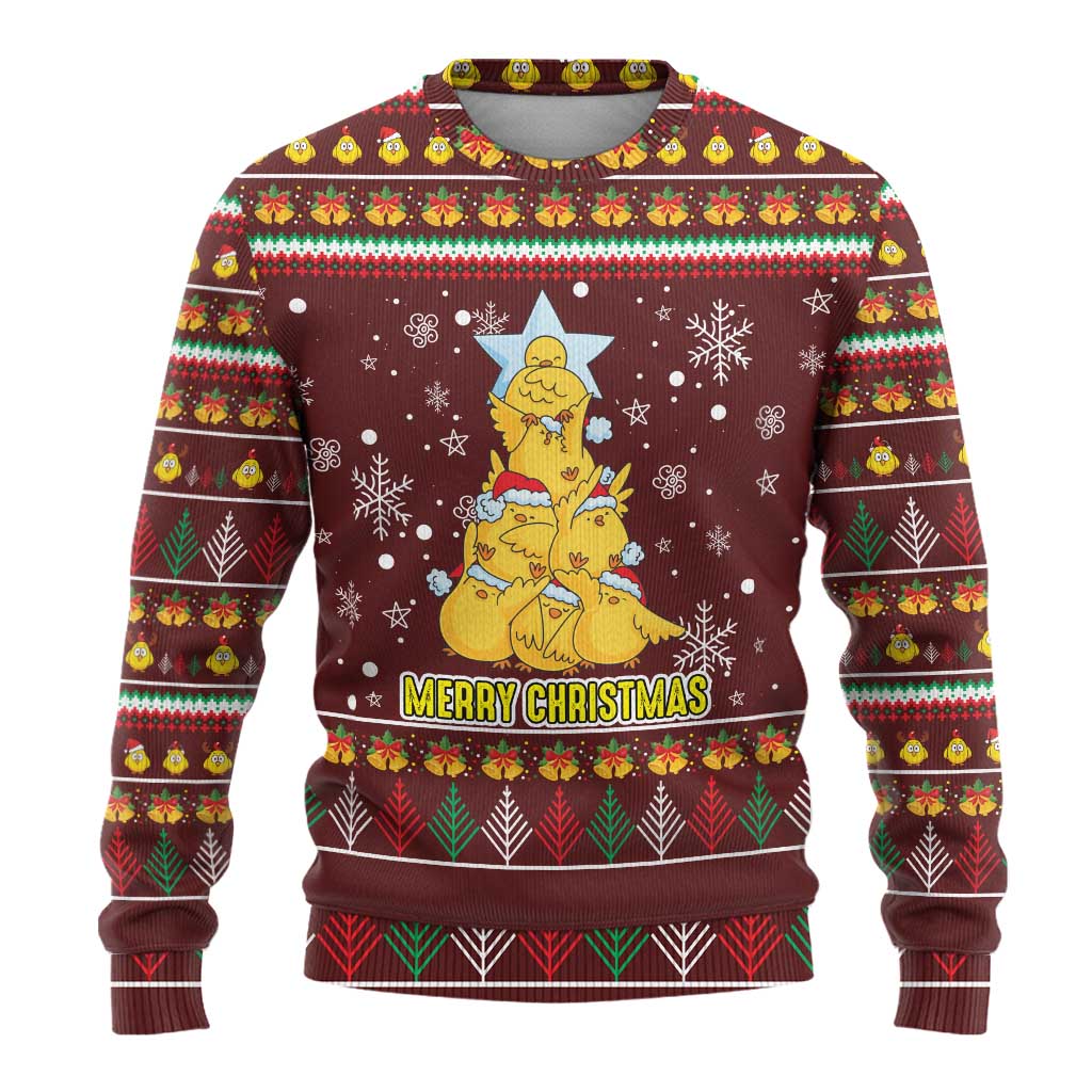 Merry Chickmas Christmas Ugly Christmas Sweater with Yellow Chickens Tree Design and Snowflake Pattern - Wonder Print Shop